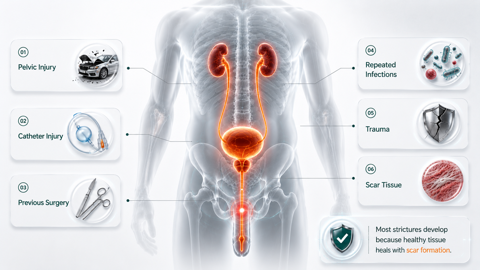 Infographic showing 10 primary causes of urethral stricture including trauma, catheters, surgery, infections, and idiopathic causes